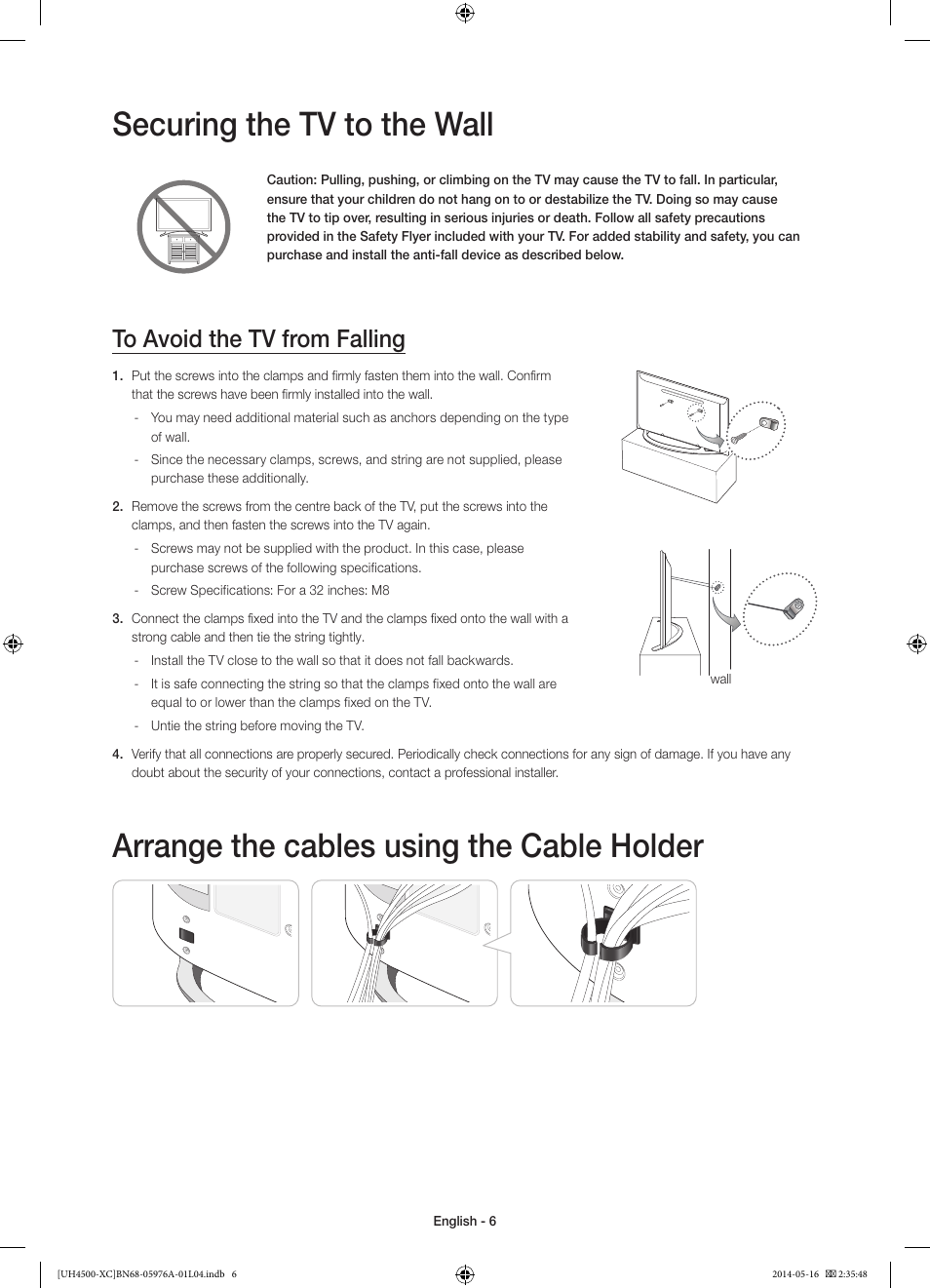 Securing the tv to the wall, Arrange the cables using the cable holder | Samsung UE32H4500AW User Manual | Page 6 / 73