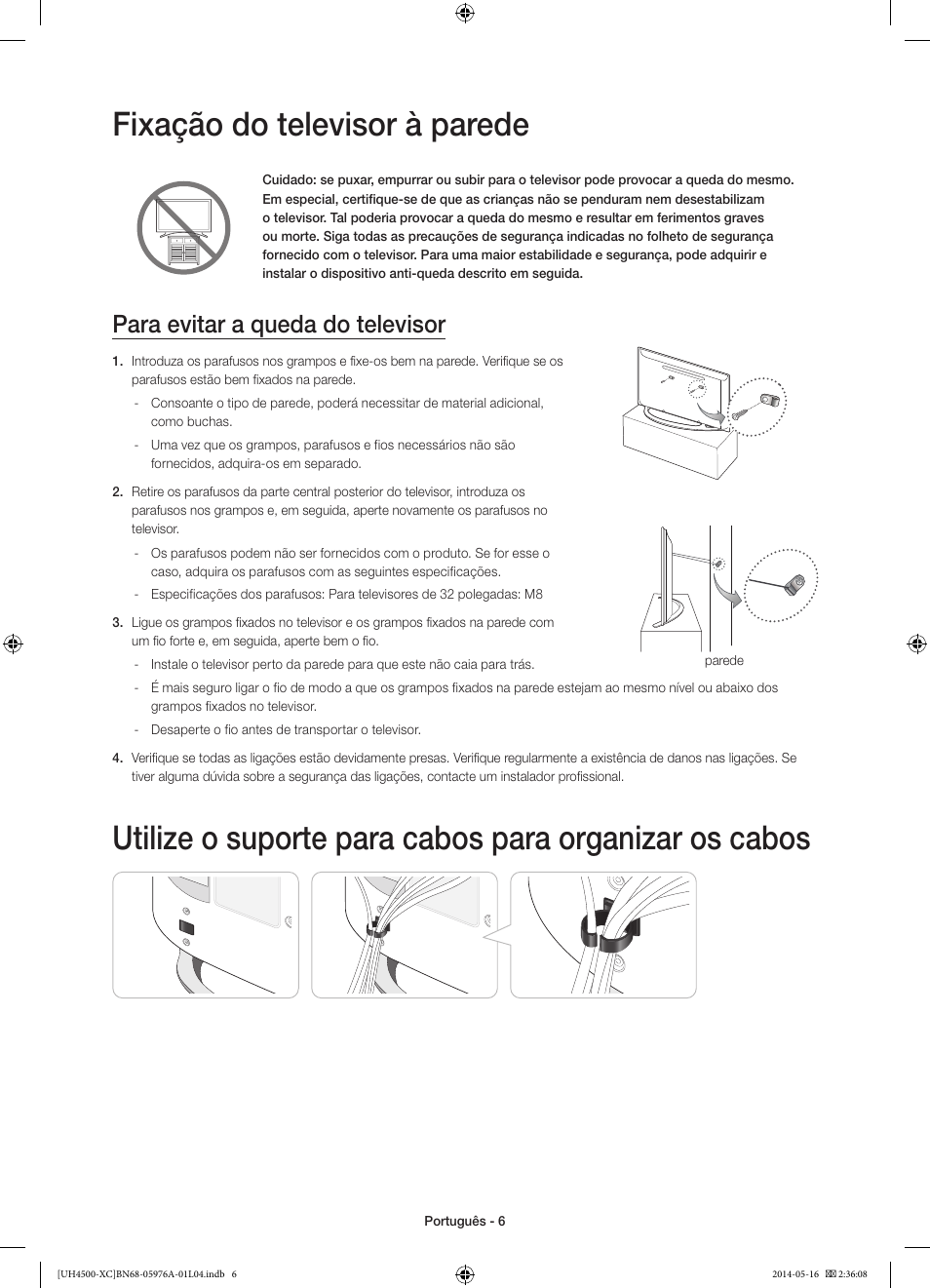 Fixação do televisor à parede, Para evitar a queda do televisor | Samsung UE32H4500AW User Manual | Page 60 / 73