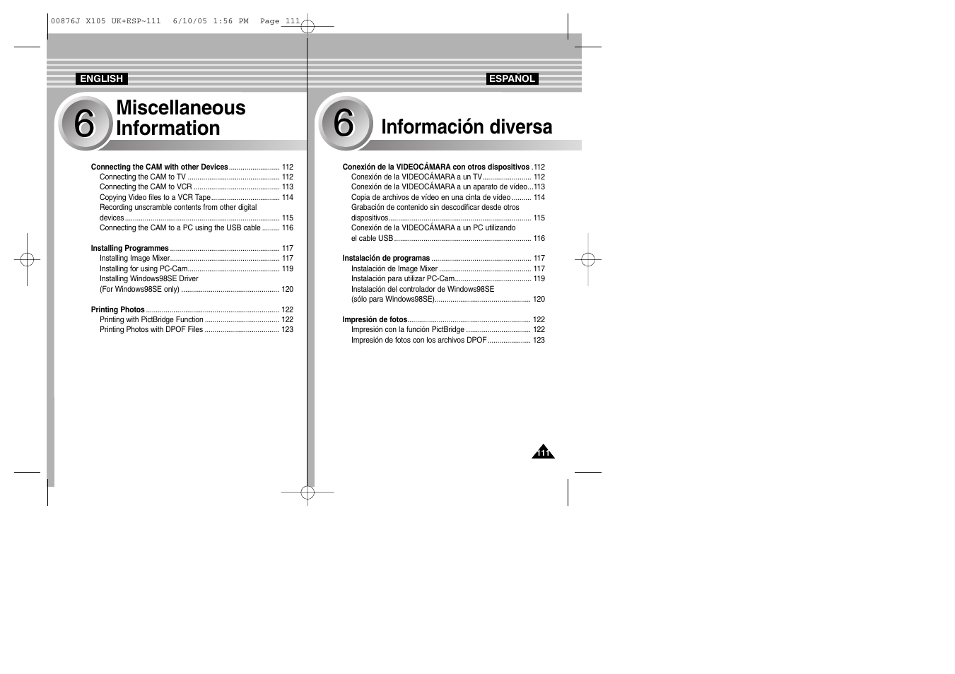 Miscellaneous information, Información diversa | Samsung VP-X110L User Manual | Page 111 / 137