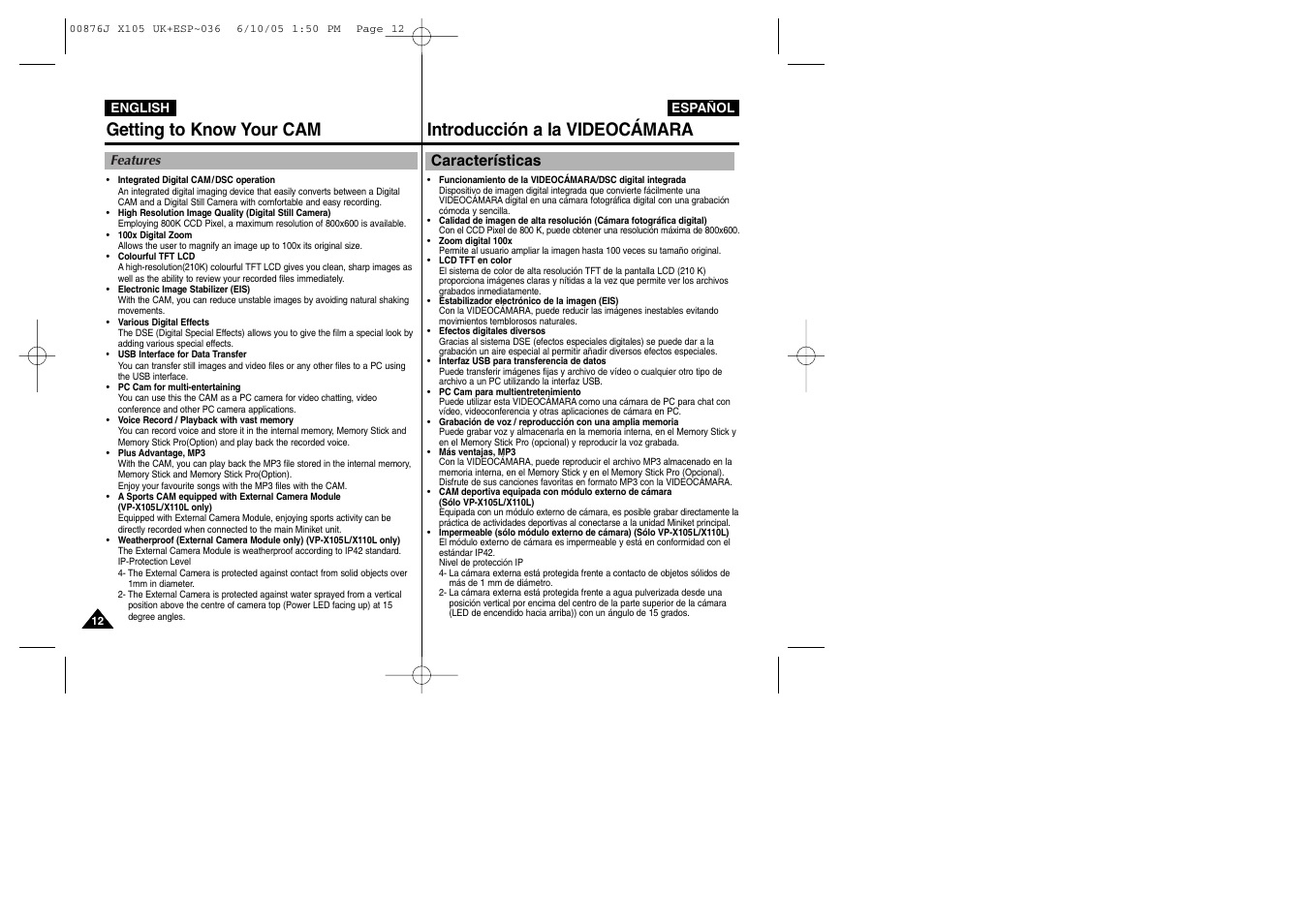 Características | Samsung VP-X110L User Manual | Page 12 / 137