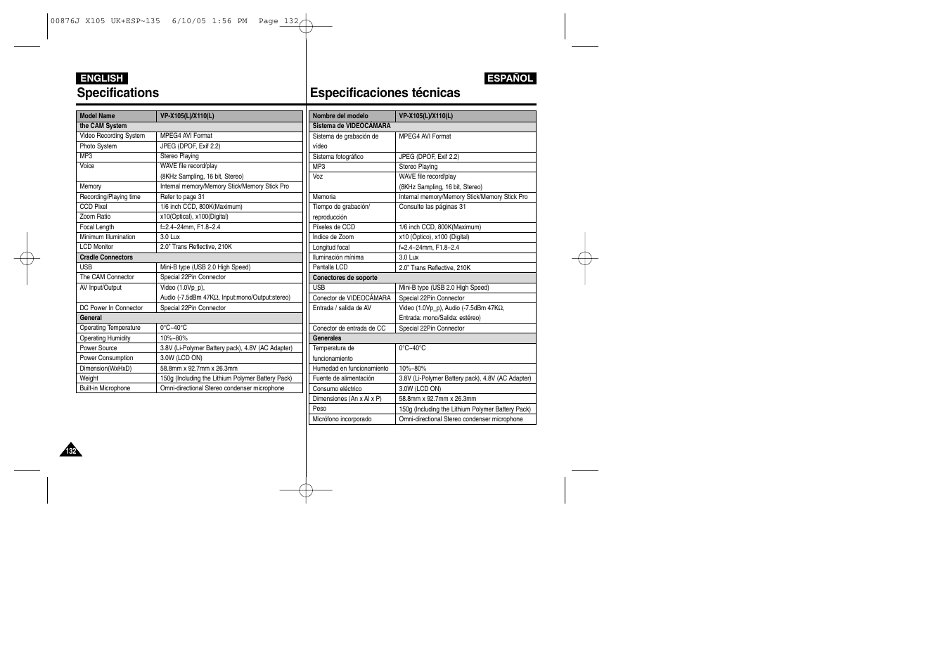 Specifications especificaciones técnicas | Samsung VP-X110L User Manual | Page 132 / 137