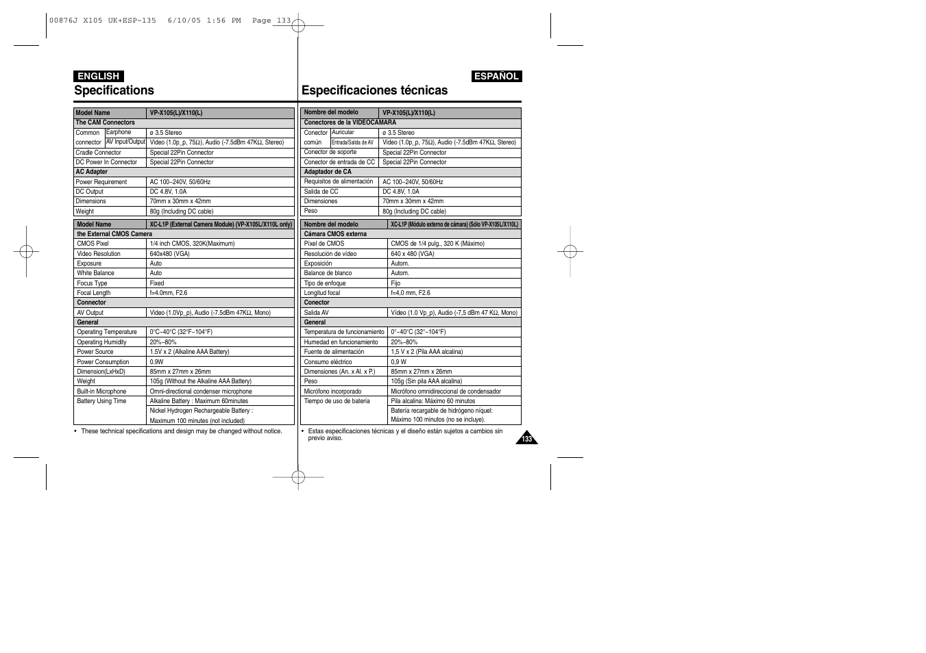 Specifications especificaciones técnicas | Samsung VP-X110L User Manual | Page 133 / 137