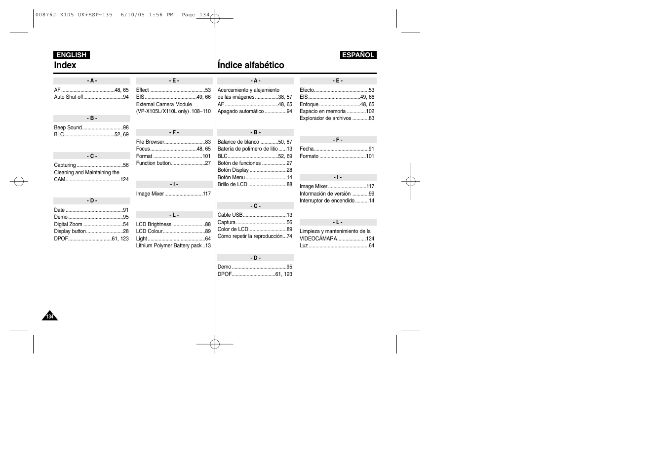 Index índice alfabético | Samsung VP-X110L User Manual | Page 134 / 137