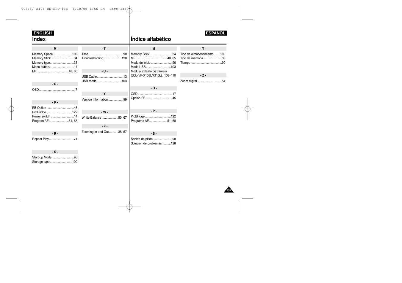 Index índice alfabético | Samsung VP-X110L User Manual | Page 135 / 137