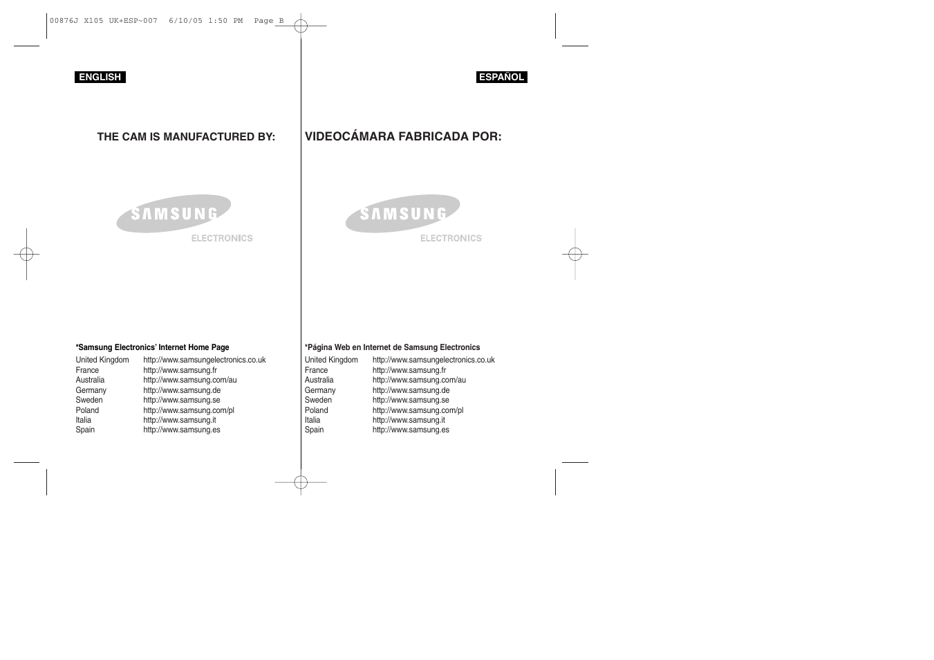 Videocámara fabricada por | Samsung VP-X110L User Manual | Page 137 / 137