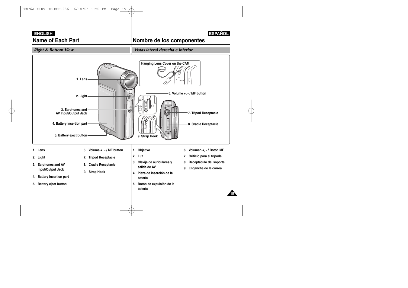 Name of each part nombre de los componentes | Samsung VP-X110L User Manual | Page 15 / 137