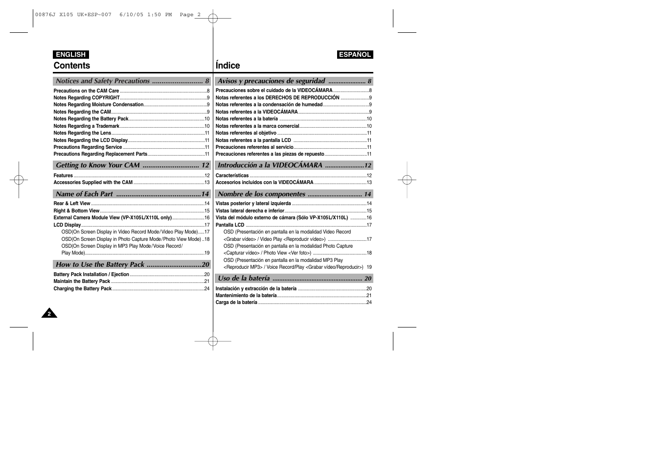 Contents índice | Samsung VP-X110L User Manual | Page 2 / 137