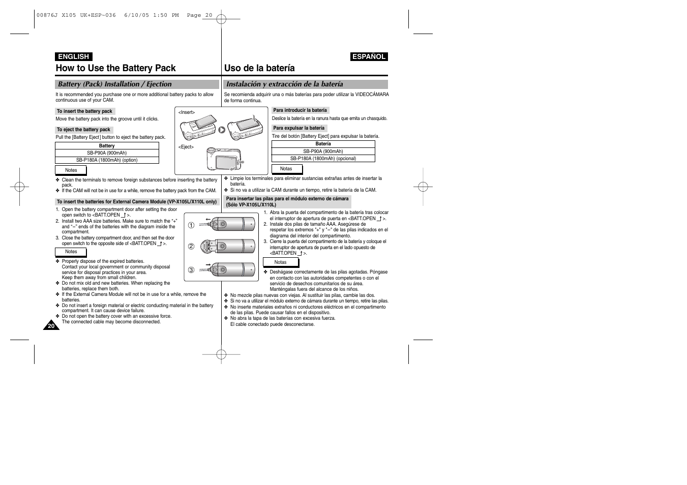 How to use the battery pack uso de la batería | Samsung VP-X110L User Manual | Page 20 / 137