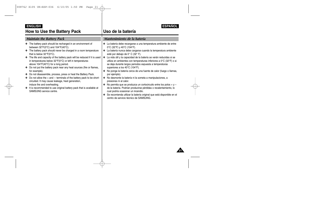 How to use the battery pack uso de la batería | Samsung VP-X110L User Manual | Page 21 / 137