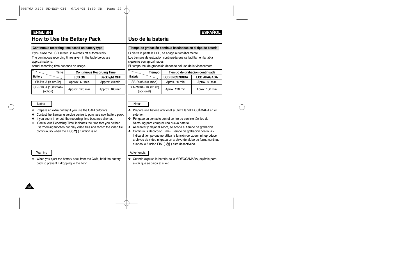 How to use the battery pack uso de la batería | Samsung VP-X110L User Manual | Page 22 / 137