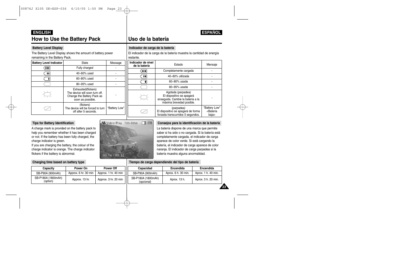 How to use the battery pack uso de la batería | Samsung VP-X110L User Manual | Page 23 / 137