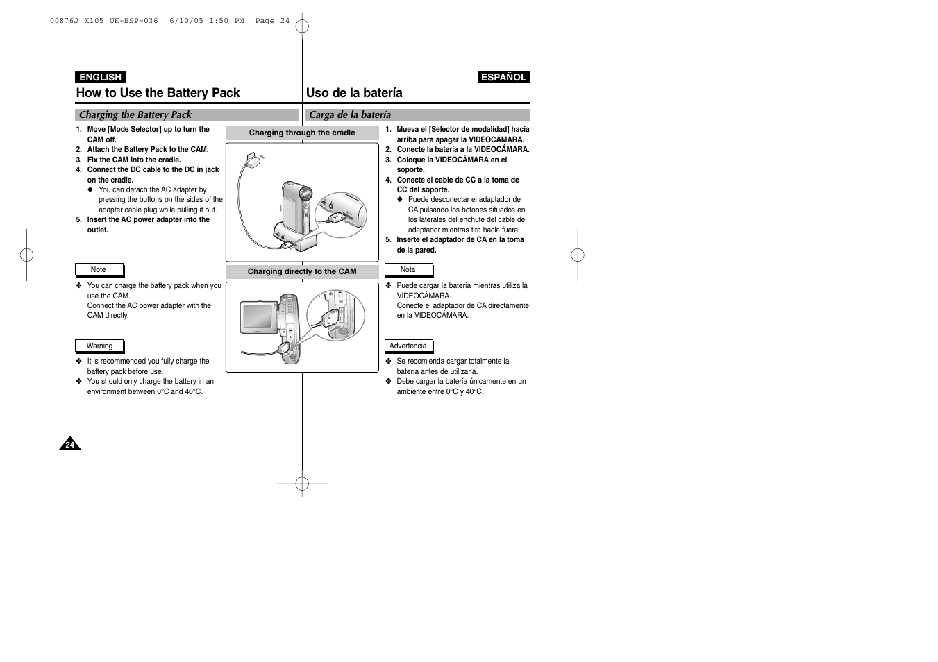 How to use the battery pack uso de la batería | Samsung VP-X110L User Manual | Page 24 / 137