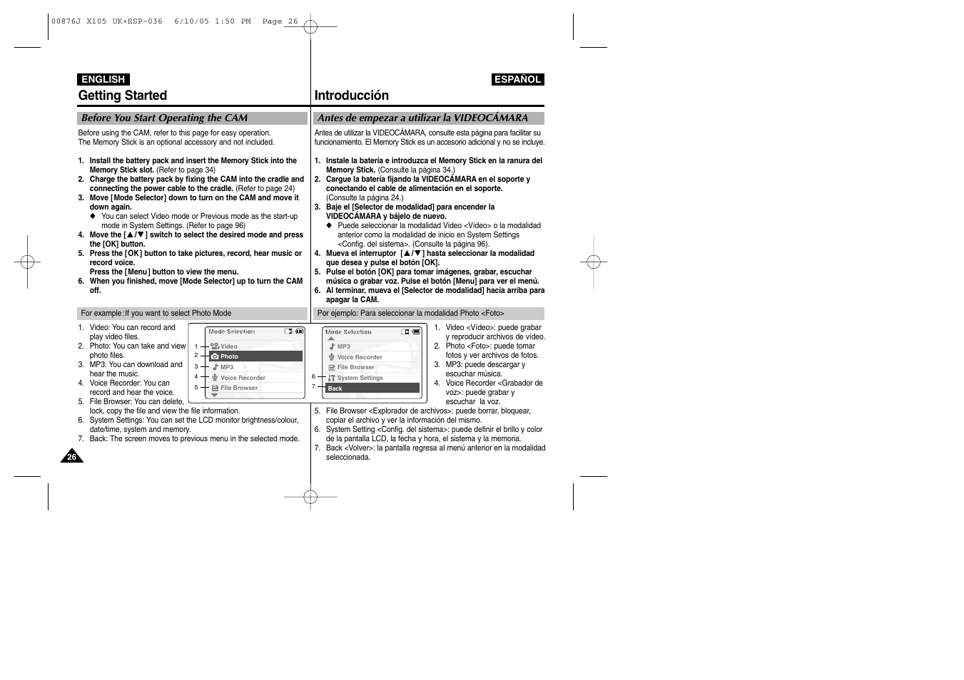 Getting started introducción | Samsung VP-X110L User Manual | Page 26 / 137