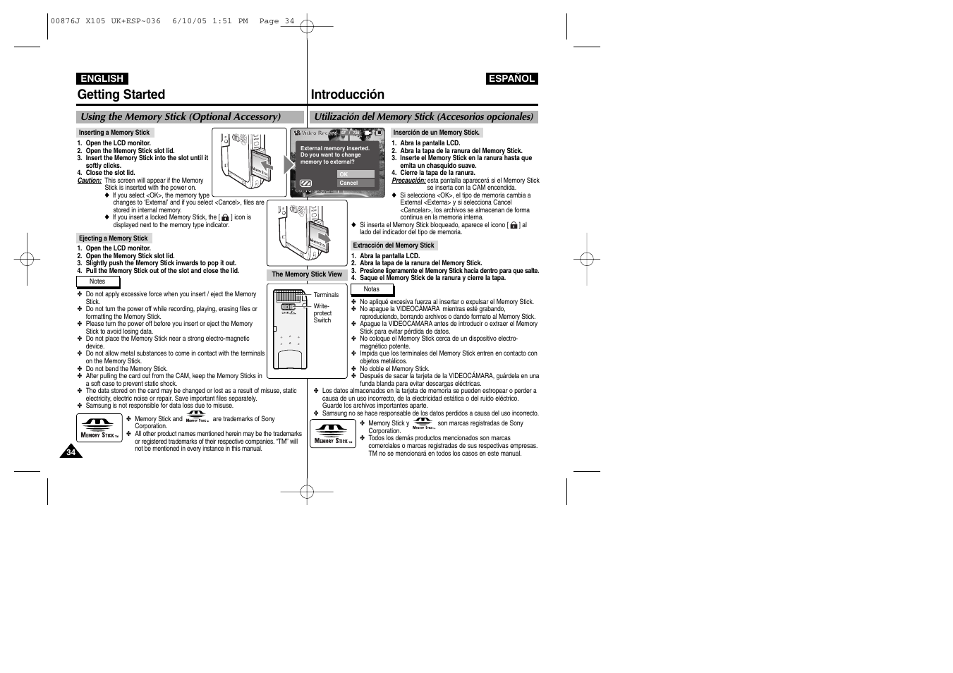 Hold, Getting started introducción | Samsung VP-X110L User Manual | Page 34 / 137