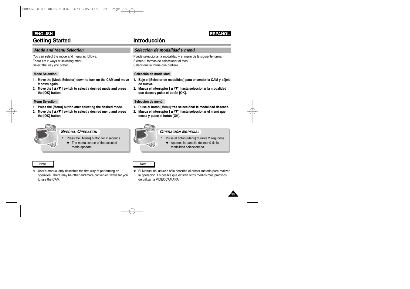 Getting started introducción | Samsung VP-X110L User Manual | Page 35 / 137