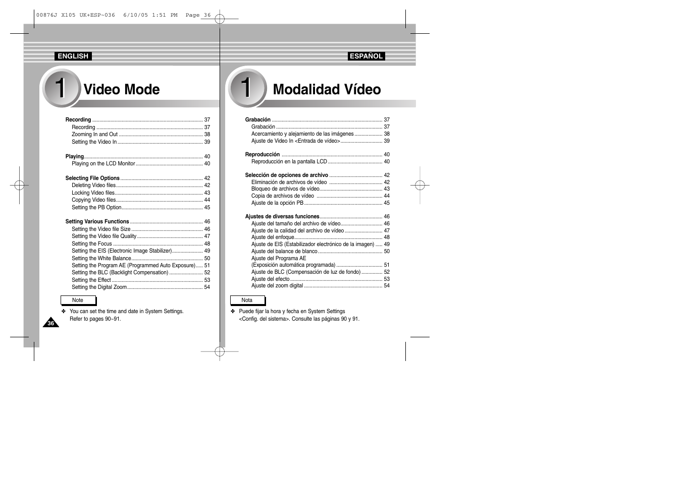 Video mode, Modalidad vídeo | Samsung VP-X110L User Manual | Page 36 / 137