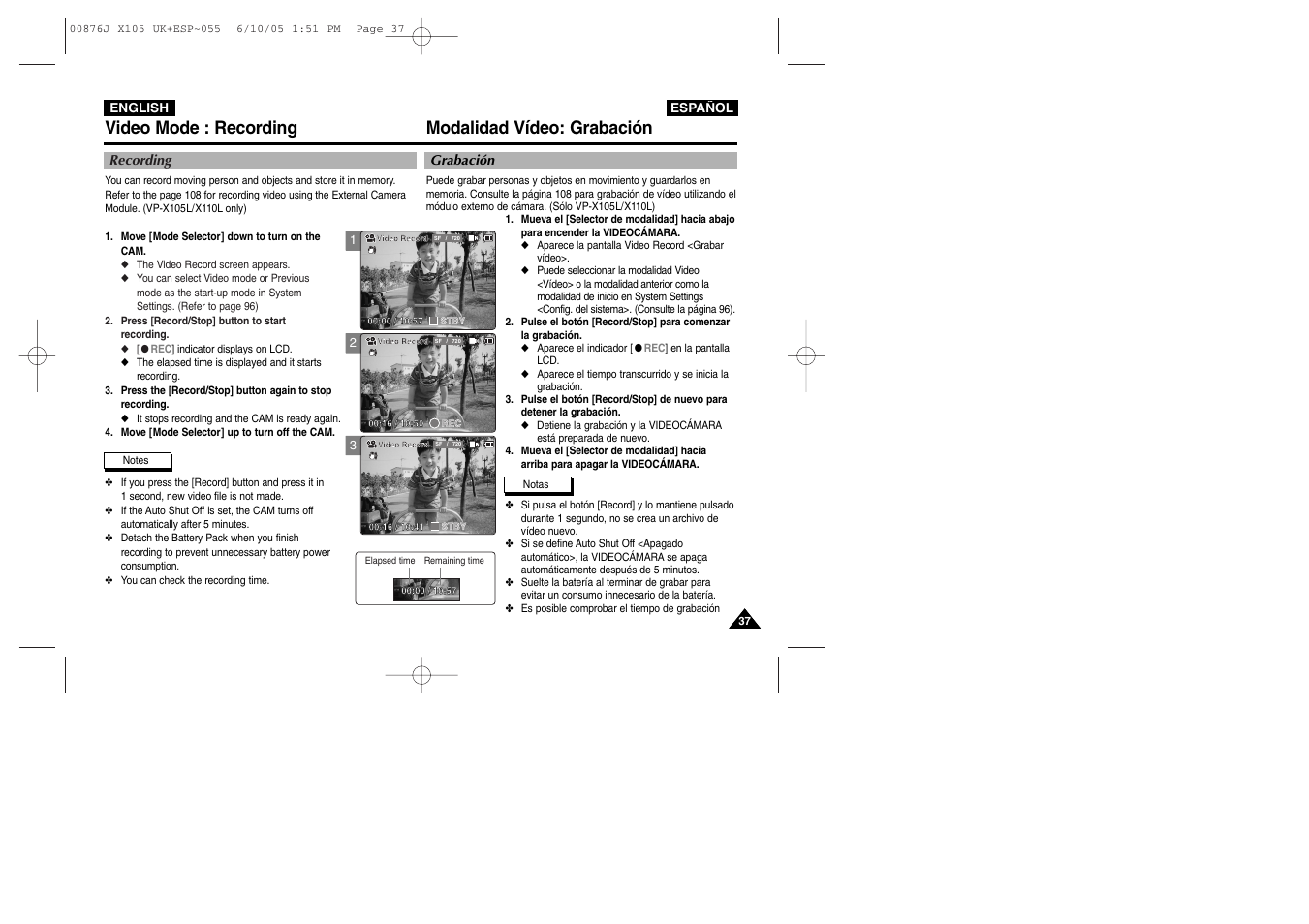 Video mode : recording modalidad vídeo: grabación | Samsung VP-X110L User Manual | Page 37 / 137