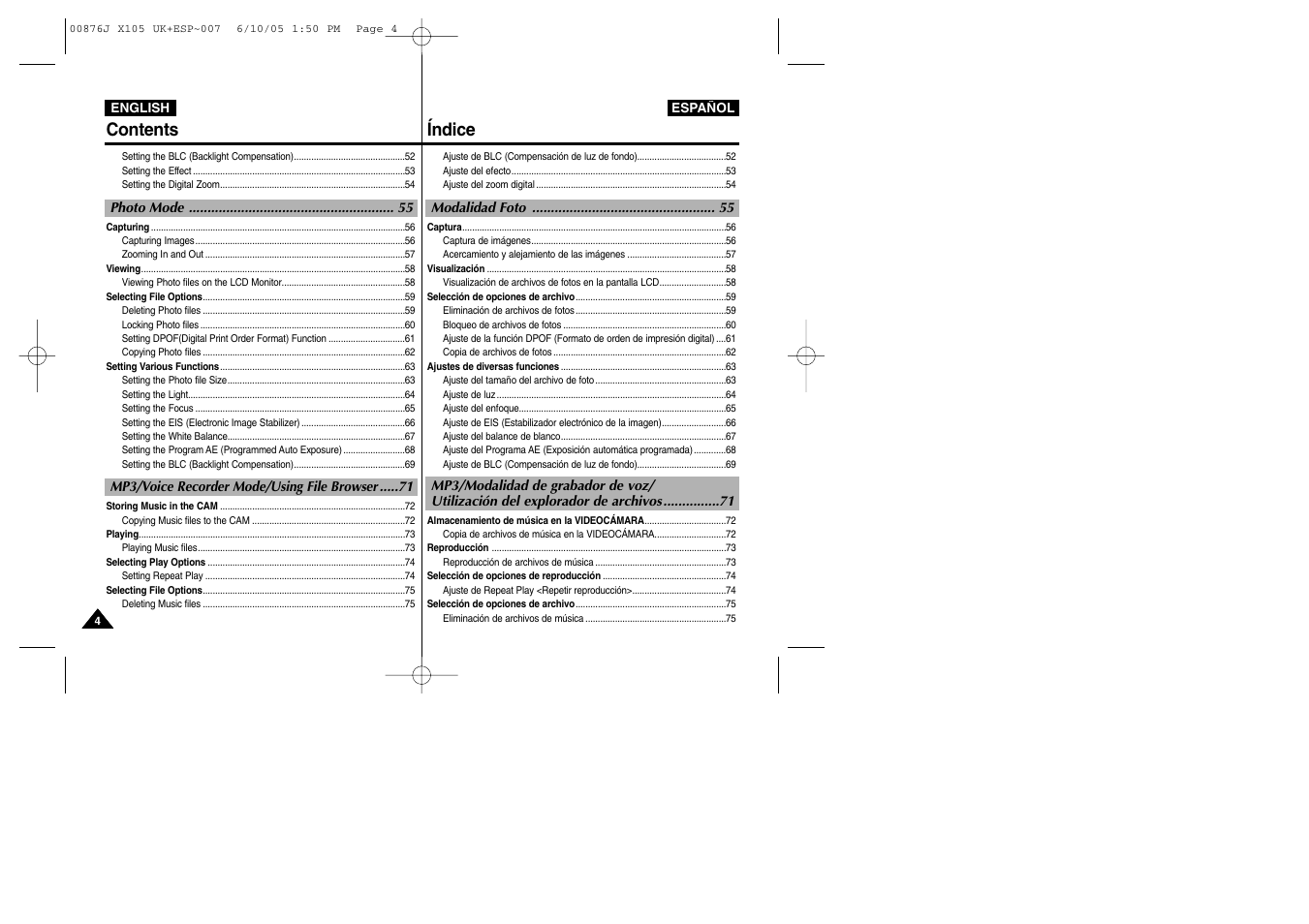 Contents índice | Samsung VP-X110L User Manual | Page 4 / 137