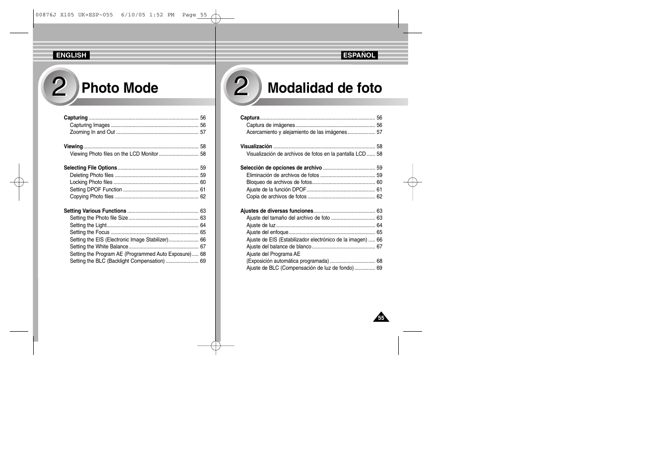 Photo mode, Modalidad de foto | Samsung VP-X110L User Manual | Page 55 / 137