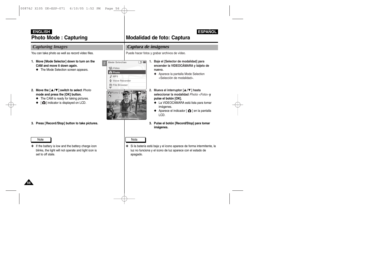 Photo mode : capturing modalidad de foto: captura | Samsung VP-X110L User Manual | Page 56 / 137