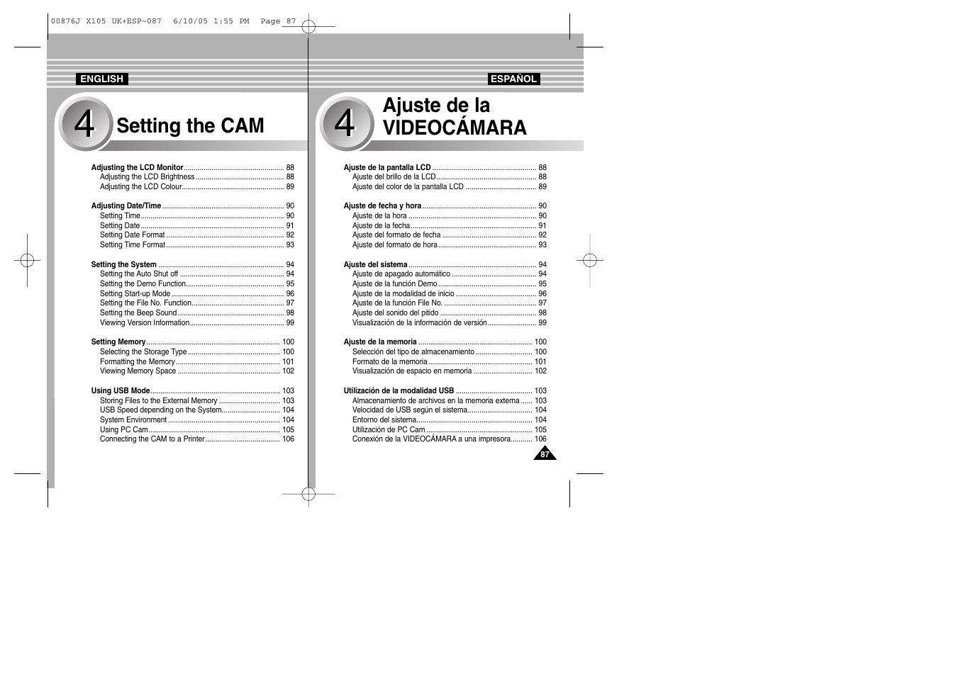 Setting the cam, Ajuste de la videocámara | Samsung VP-X110L User Manual | Page 87 / 137