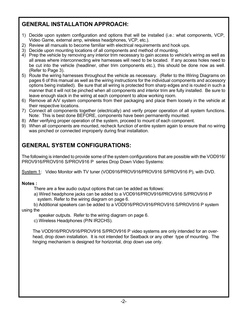 General installation approach, General system configurations | Audiovox PROV916 User Manual | Page 4 / 12