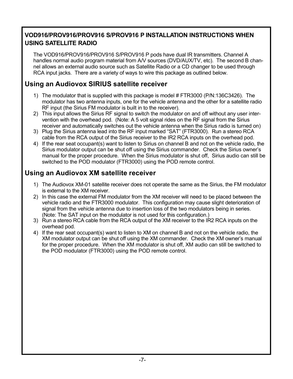 Using an audiovox sirius satellite receiver, Using an audiovox xm satellite receiver | Audiovox PROV916 User Manual | Page 9 / 12