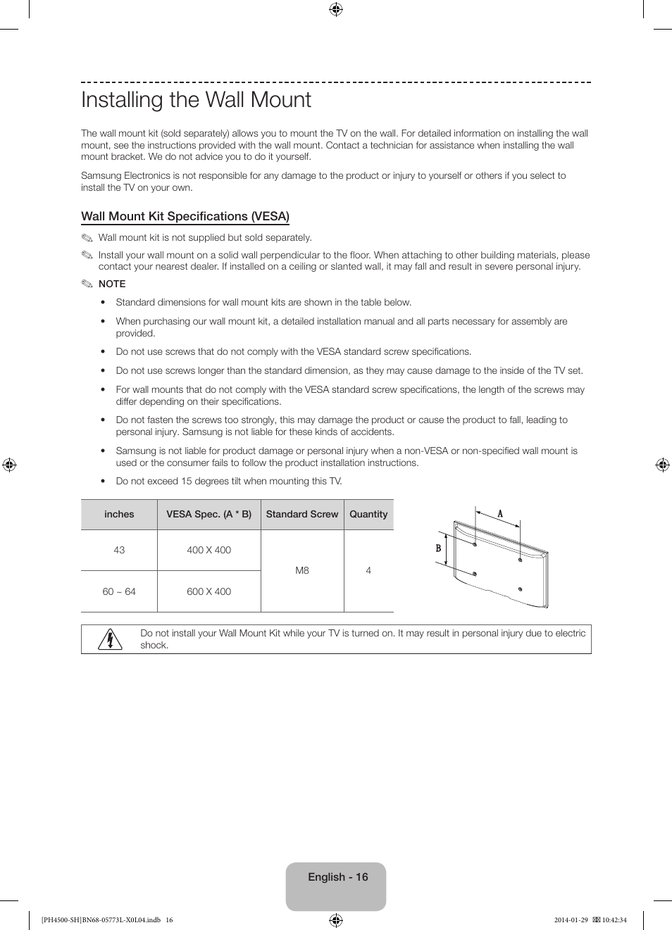 Installing the wall mount | Samsung PS51F4500AW User Manual | Page 16 / 89