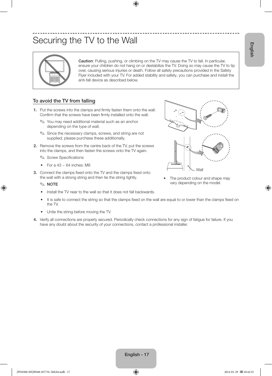 Securing the tv to the wall | Samsung PS51F4500AW User Manual | Page 17 / 89