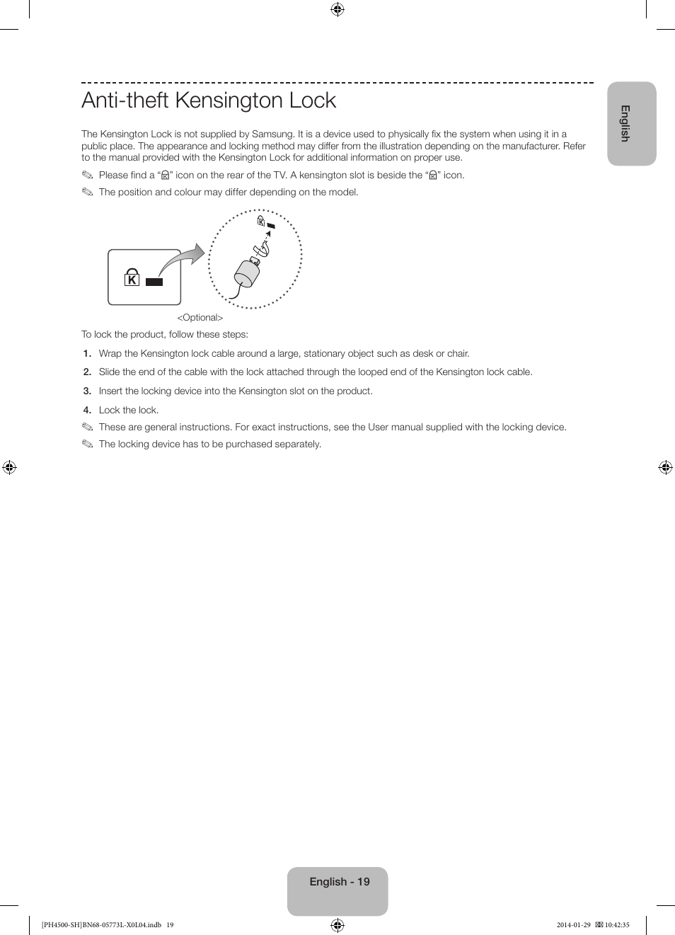 Anti-theft kensington lock | Samsung PS51F4500AW User Manual | Page 19 / 89