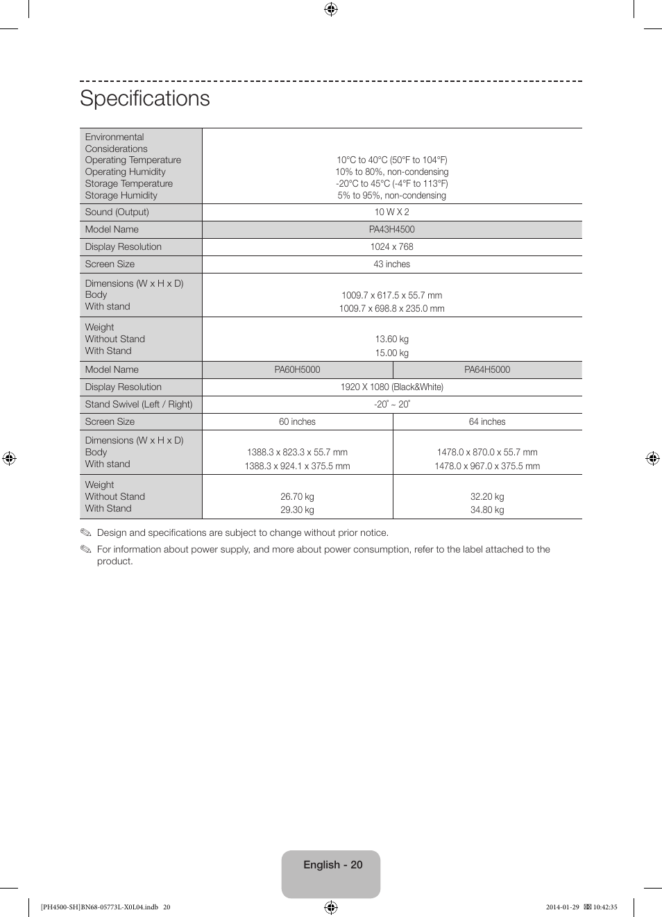 Specifications | Samsung PS51F4500AW User Manual | Page 20 / 89