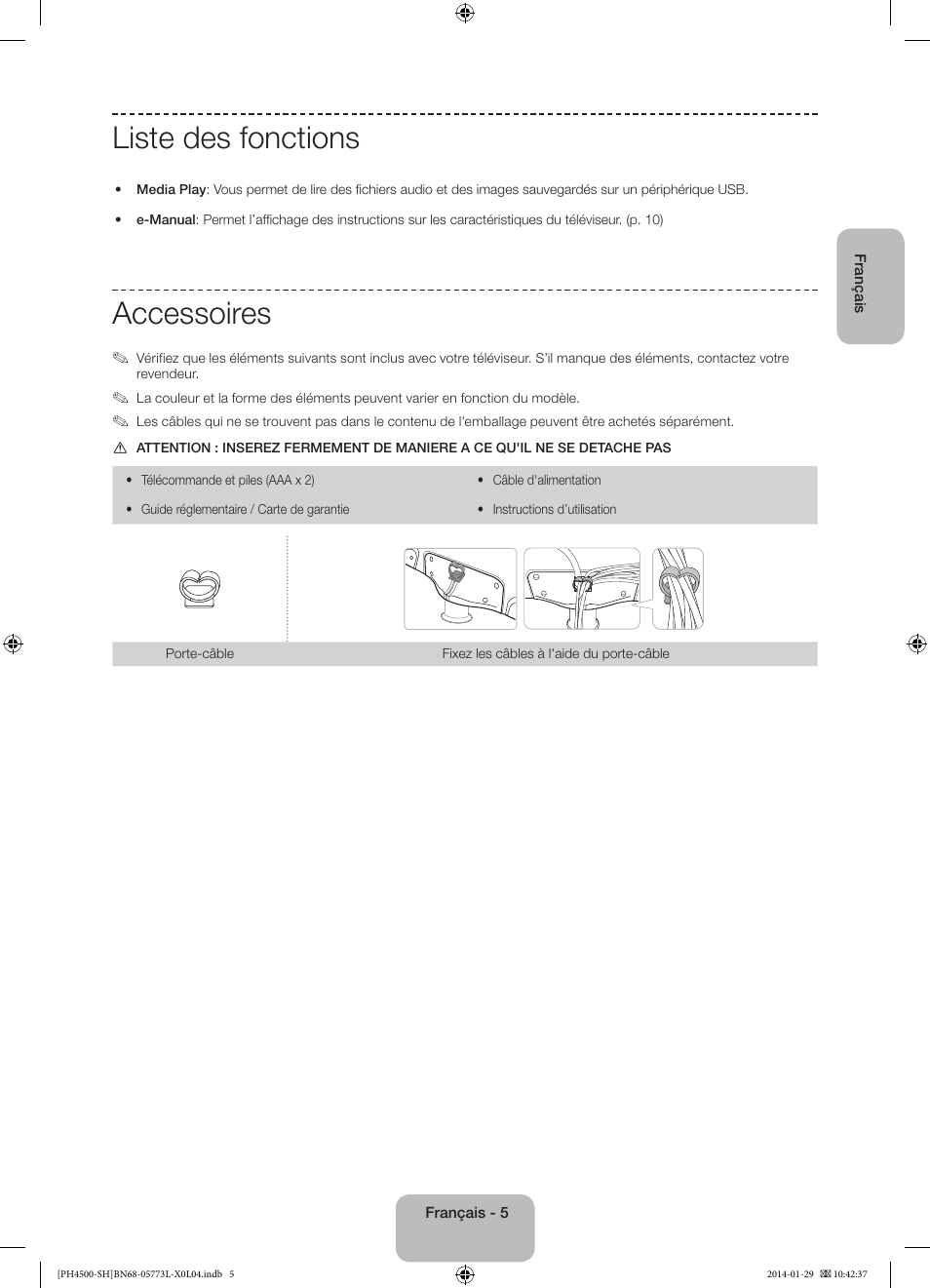 Liste des fonctions, Accessoires | Samsung PS51F4500AW User Manual | Page 27 / 89