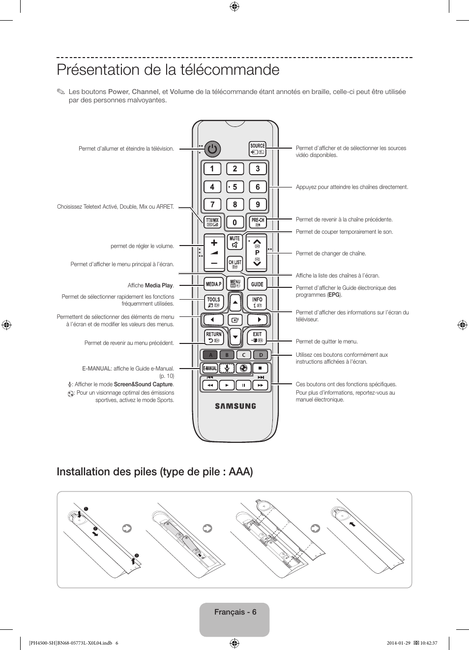 Présentation de la télécommande, Installation des piles (type de pile : aaa) | Samsung PS51F4500AW User Manual | Page 28 / 89