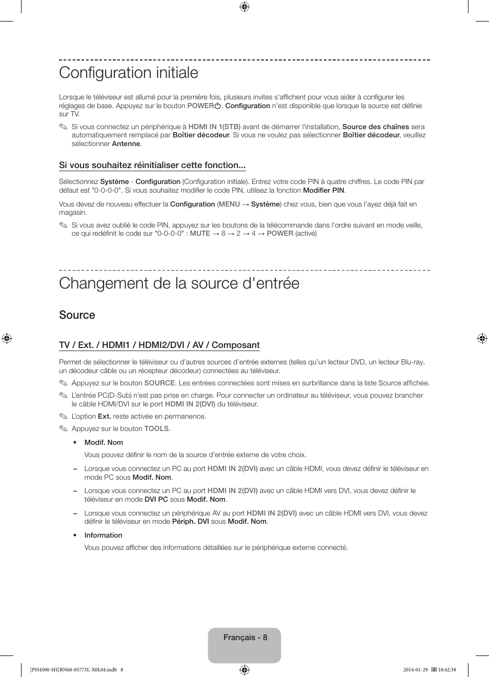 Configuration initiale, Changement de la source d'entrée, Source | Samsung PS51F4500AW User Manual | Page 30 / 89