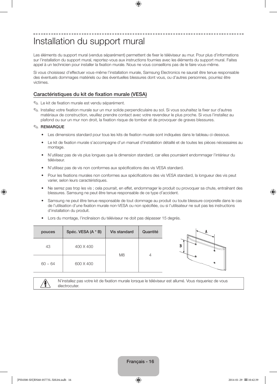 Installation du support mural | Samsung PS51F4500AW User Manual | Page 38 / 89