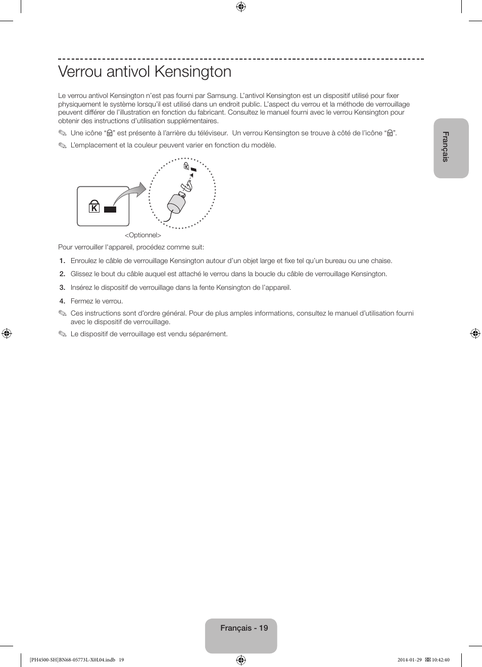 Verrou antivol kensington | Samsung PS51F4500AW User Manual | Page 41 / 89
