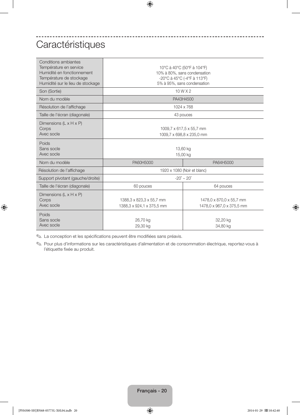 Caractéristiques | Samsung PS51F4500AW User Manual | Page 42 / 89