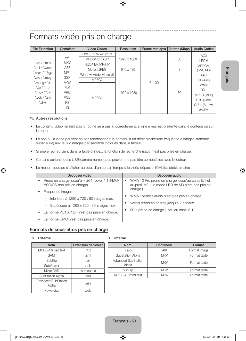Formats vidéo pris en charge, Formats de sous-titres pris en charge | Samsung PS51F4500AW User Manual | Page 43 / 89