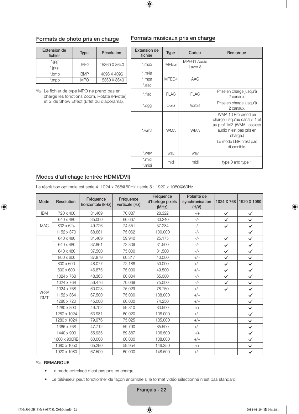 Formats de photo pris en charge, Formats musicaux pris en charge, Modes d'affichage (entrée hdmi/dvi) | Samsung PS51F4500AW User Manual | Page 44 / 89