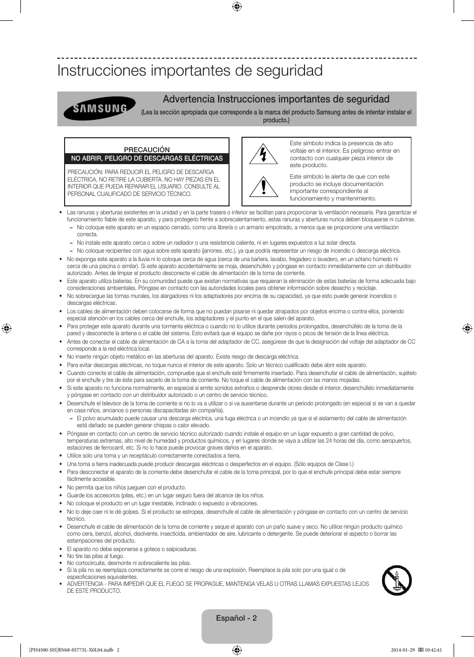 Instrucciones importantes de seguridad, Advertencia instrucciones importantes de seguridad | Samsung PS51F4500AW User Manual | Page 46 / 89