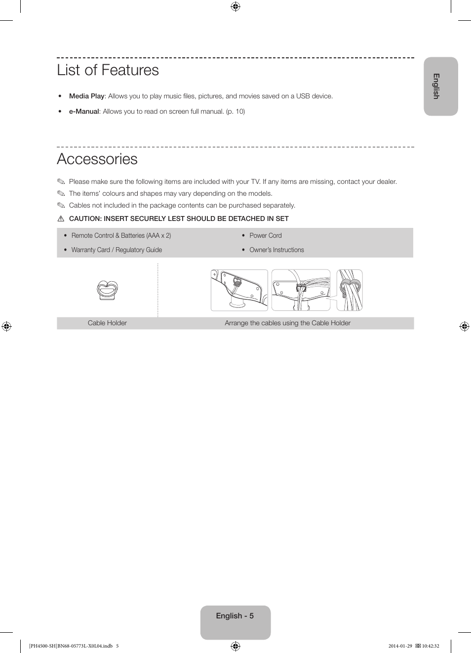 List of features, Accessories | Samsung PS51F4500AW User Manual | Page 5 / 89