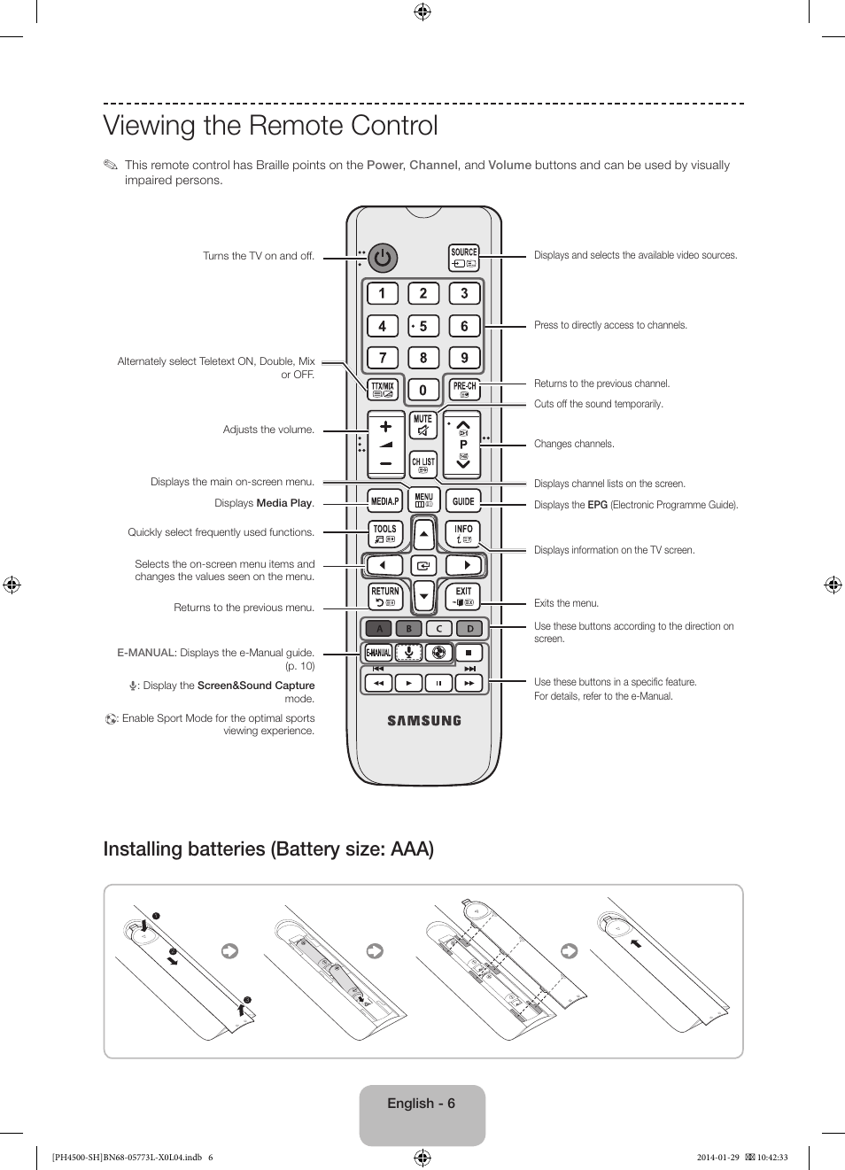Viewing the remote control, Installing batteries (battery size: aaa) | Samsung PS51F4500AW User Manual | Page 6 / 89