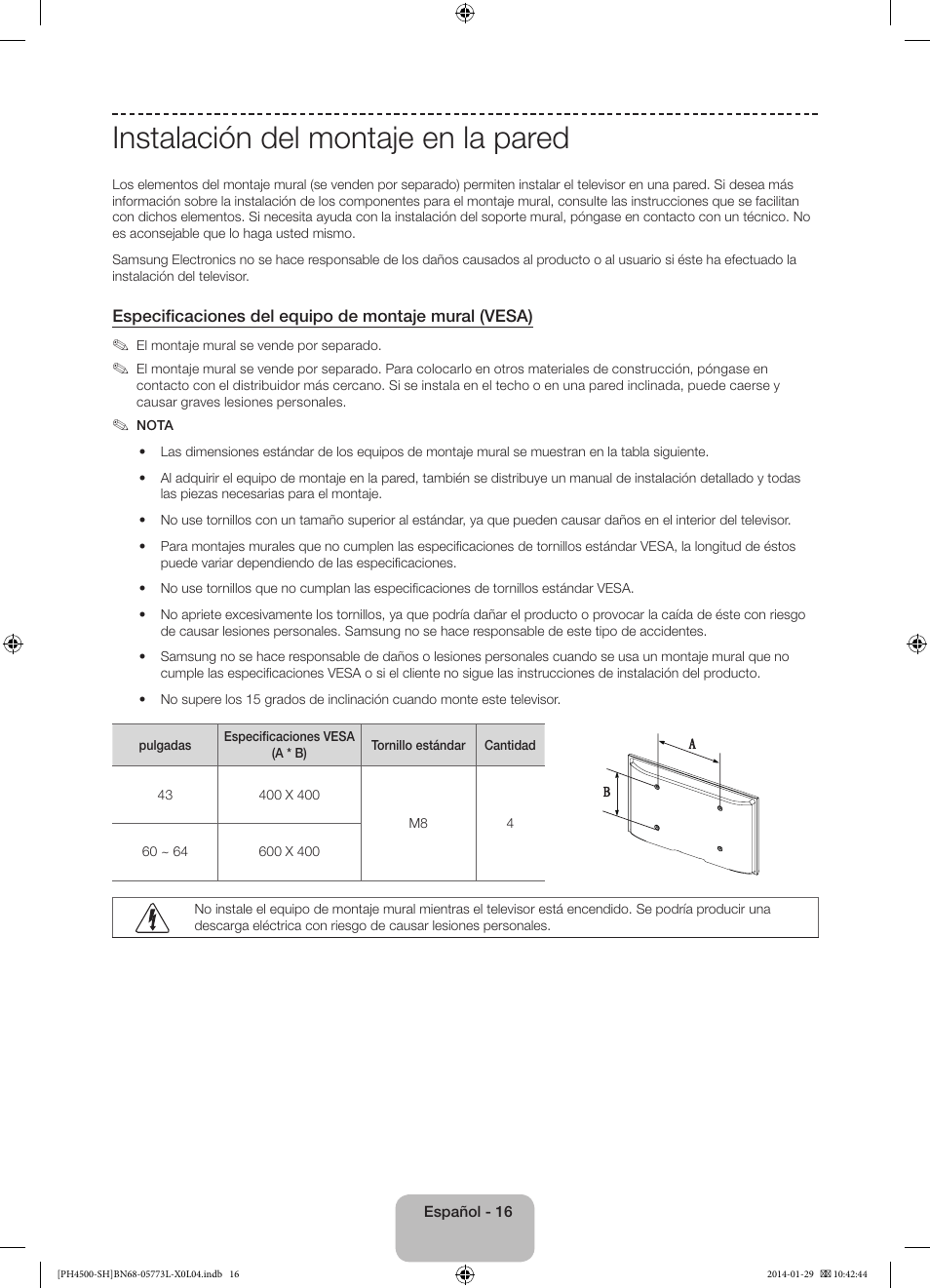 Instalación del montaje en la pared | Samsung PS51F4500AW User Manual | Page 60 / 89