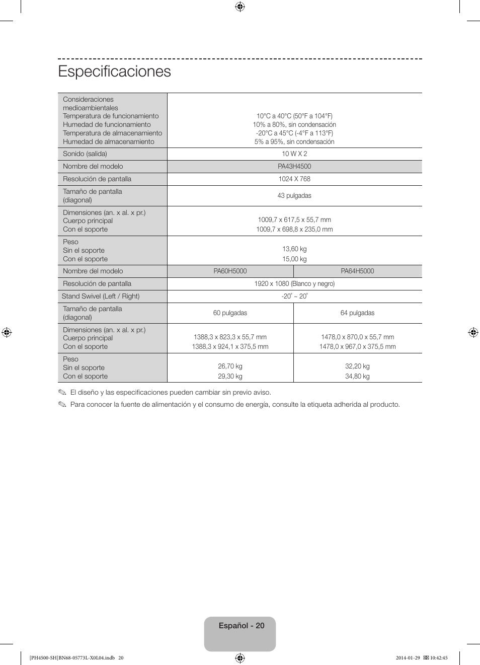 Especificaciones | Samsung PS51F4500AW User Manual | Page 64 / 89