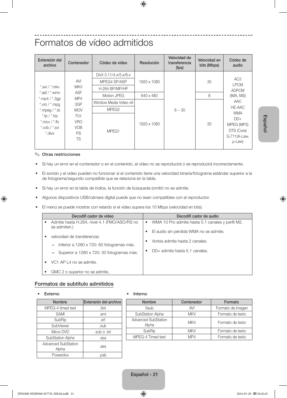 Formatos de vídeo admitidos, Formatos de subtítulo admitidos | Samsung PS51F4500AW User Manual | Page 65 / 89