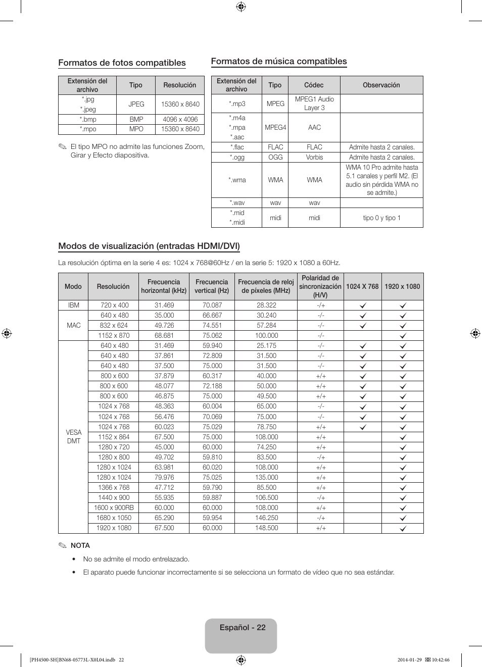 Formatos de fotos compatibles, Formatos de música compatibles, Modos de visualización (entradas hdmi/dvi) | Samsung PS51F4500AW User Manual | Page 66 / 89