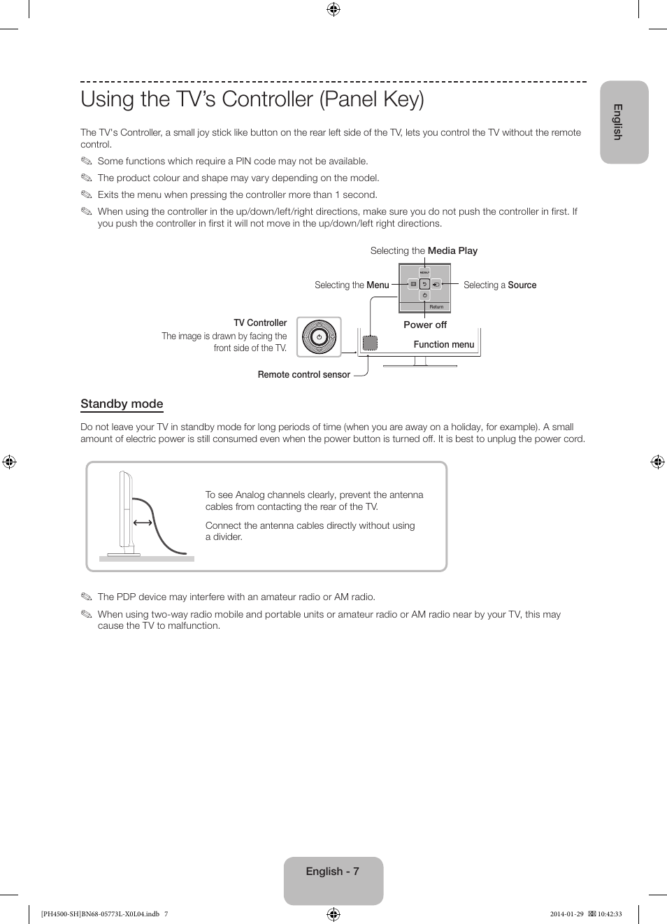 Using the tv’s controller (panel key) | Samsung PS51F4500AW User Manual | Page 7 / 89