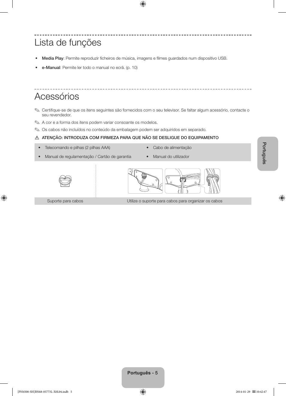 Lista de funções, Acessórios | Samsung PS51F4500AW User Manual | Page 71 / 89
