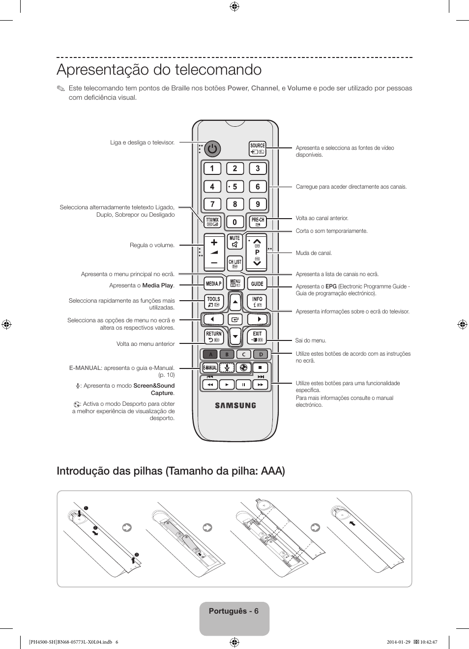 Apresentação do telecomando, Introdução das pilhas (tamanho da pilha: aaa) | Samsung PS51F4500AW User Manual | Page 72 / 89