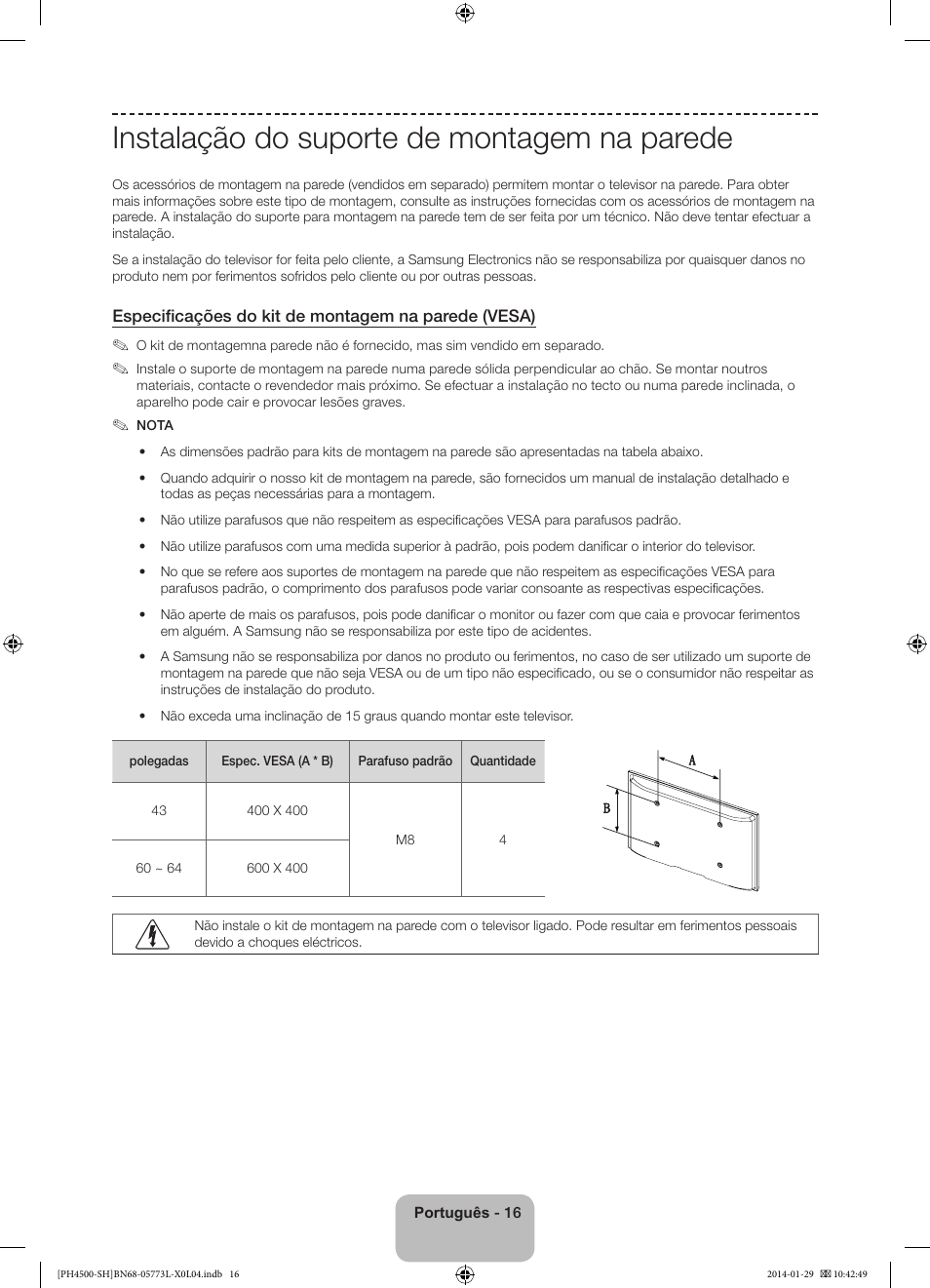 Instalação do suporte de montagem na parede | Samsung PS51F4500AW User Manual | Page 82 / 89